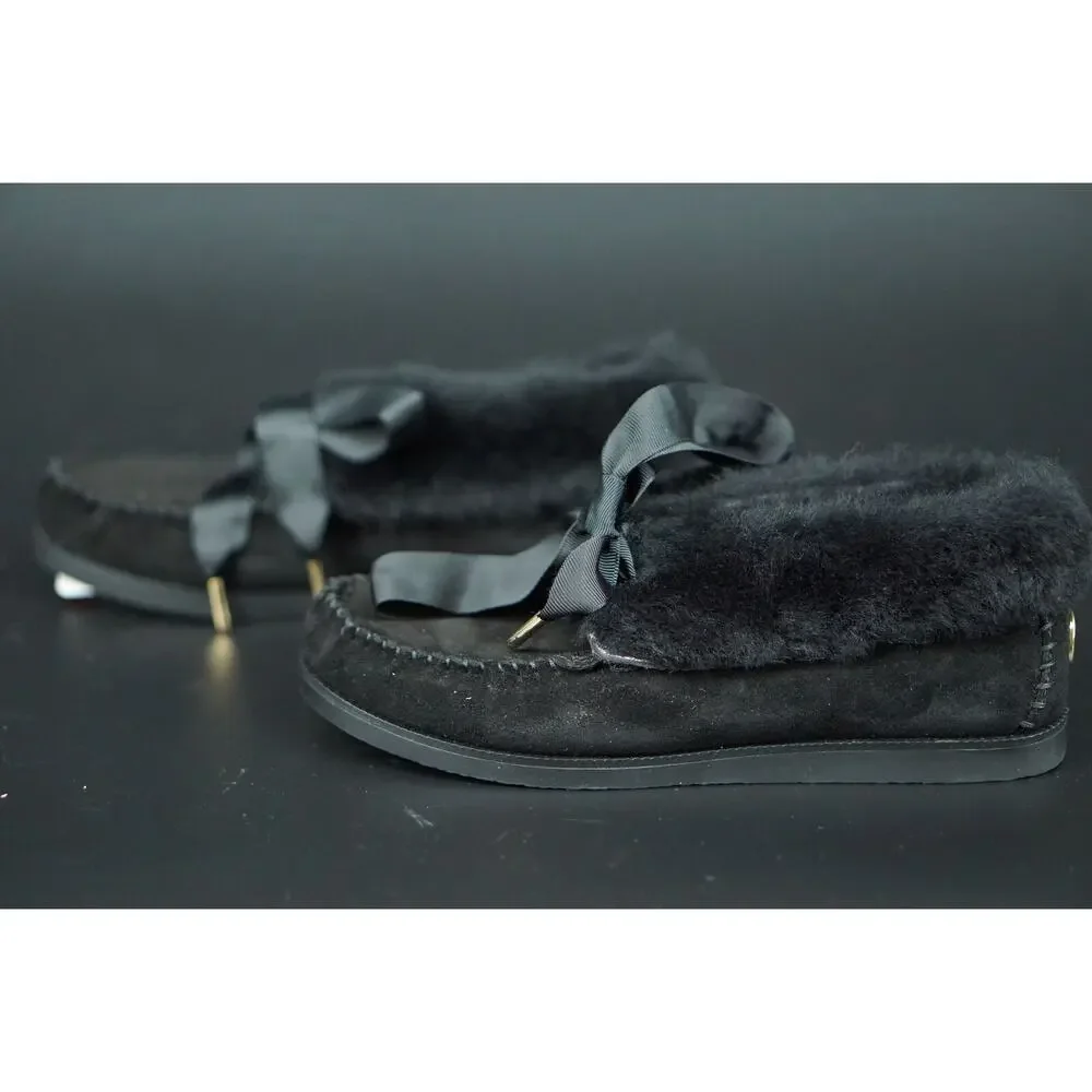 Tory Burch Aberdeen Genuine Rabbit Fur Trim Slipper Bootie SZ 5.5 NIB Black Bow